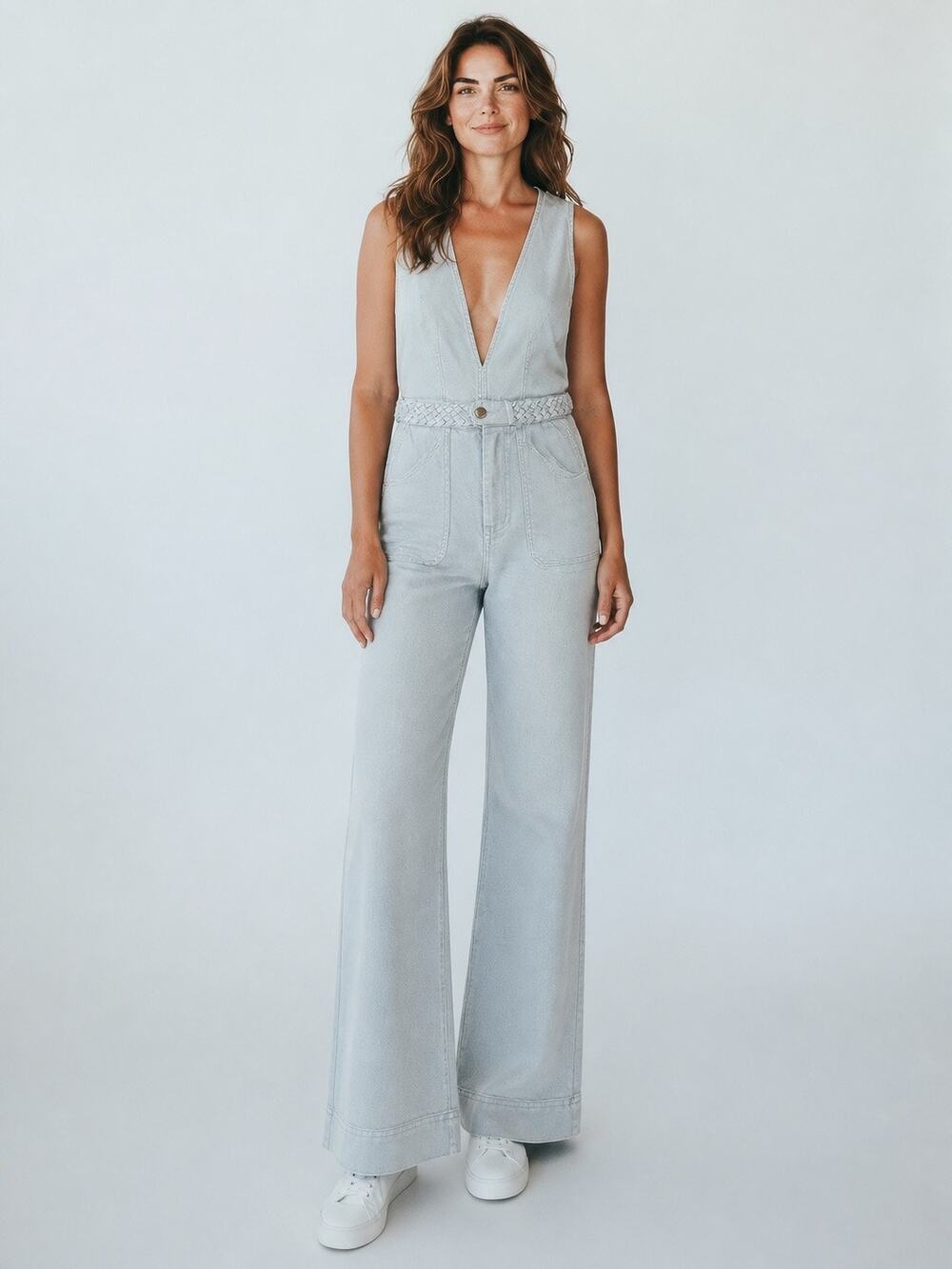 NWOT XS Chaser Light Blue Deep V Neck Braided Waist Wide Leg Denim Jumpsuit